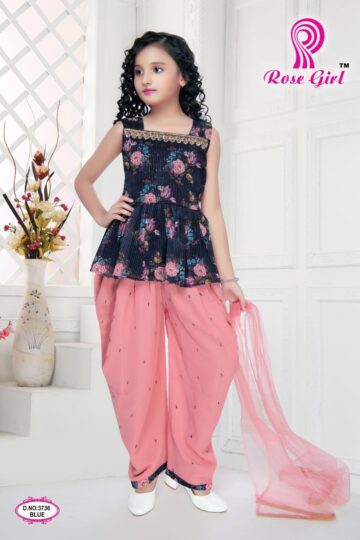 Girls Floral Georgette Kurta Set with Pink Dhoti Pants & Dupatta