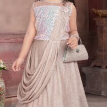 Peach Color Sequin Embellished Saree Gown for Girls