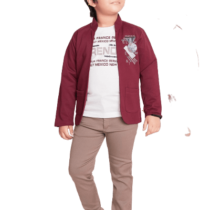 Chic & Confident: Boys' Maroon Jacket Set with Printed White T-Shirt and Sandal-Colored Pants