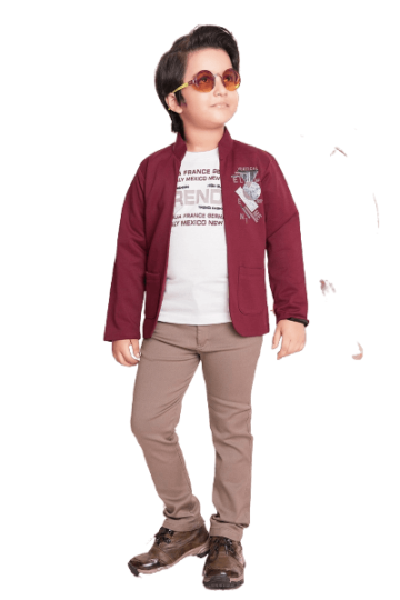 Chic & Confident: Boys' Maroon Jacket Set with Printed White T-Shirt and Sandal-Colored Pants