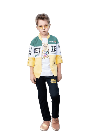 Color Splash: Boys' Multicolor Jacket Set with Embossed Tee and Black Pants