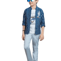 Cool Blue Ensemble: Striped Jacket, Printed Tee, and Faded Pants Set