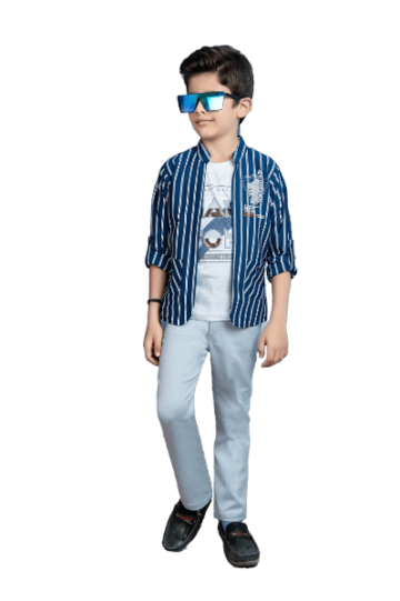 Cool Blue Ensemble: Striped Jacket, Printed Tee, and Faded Pants Set