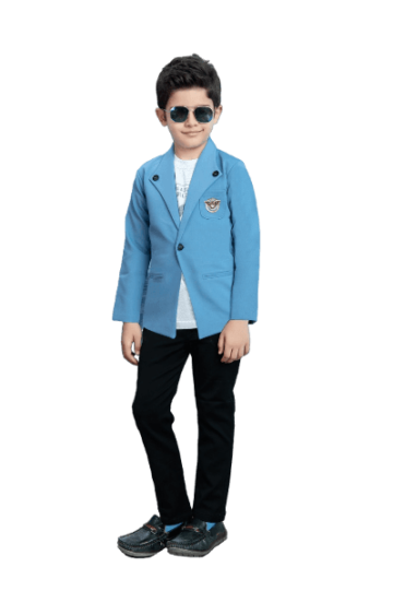 Boys' Blue Jacket Set with Black Pants and Printed White T-Shirt