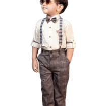 Dapper Little Gentleman: Boys' Plain Shirt, Checks Print Pants, and Suspender with Bow Tie Set