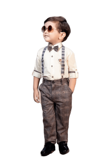 Dapper Little Gentleman: Boys' Plain Shirt, Checks Print Pants, and Suspender with Bow Tie Set