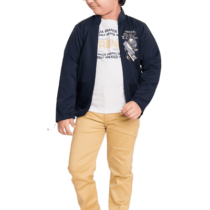 White Printed T-Shirt, Cozy Navy Blue Jacket, and Classic Khaki Pant