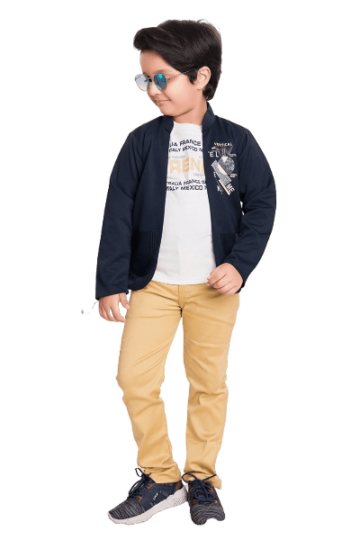 White Printed T-Shirt, Cozy Navy Blue Jacket, and Classic Khaki Pant