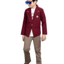 Stylish Little Trendsetter: Boys' Maroon Jacket Set with Printed White T-Shirt and Sandal-Colored Pants