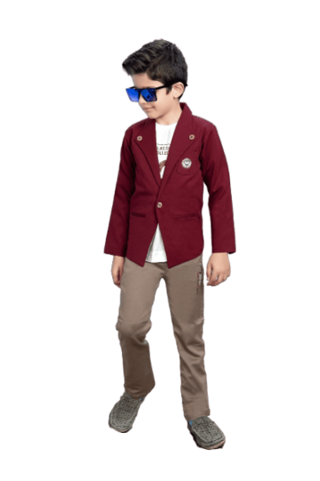 Stylish Little Trendsetter: Boys' Maroon Jacket Set with Printed White T-Shirt and Sandal-Colored Pants