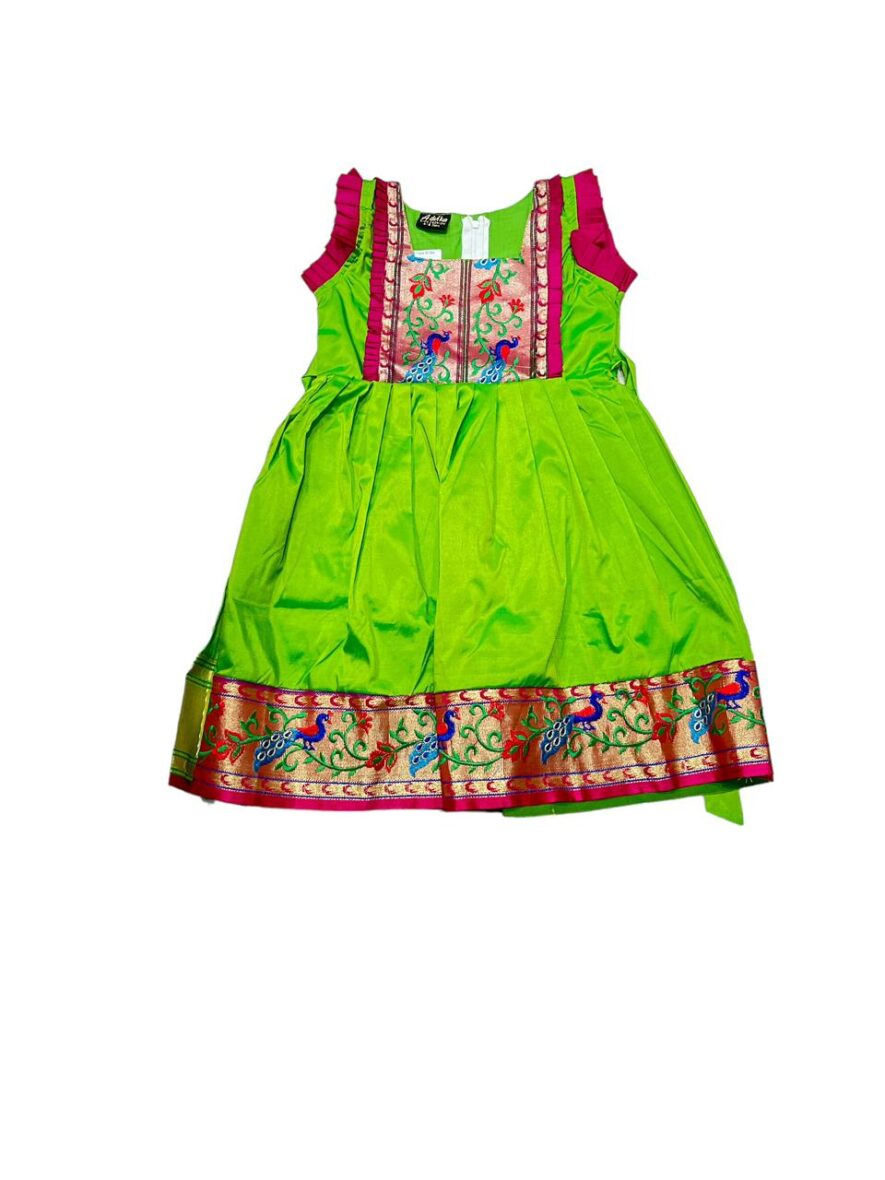 Bright Green and Pink Girl’s Dress with Peacock Embroidery