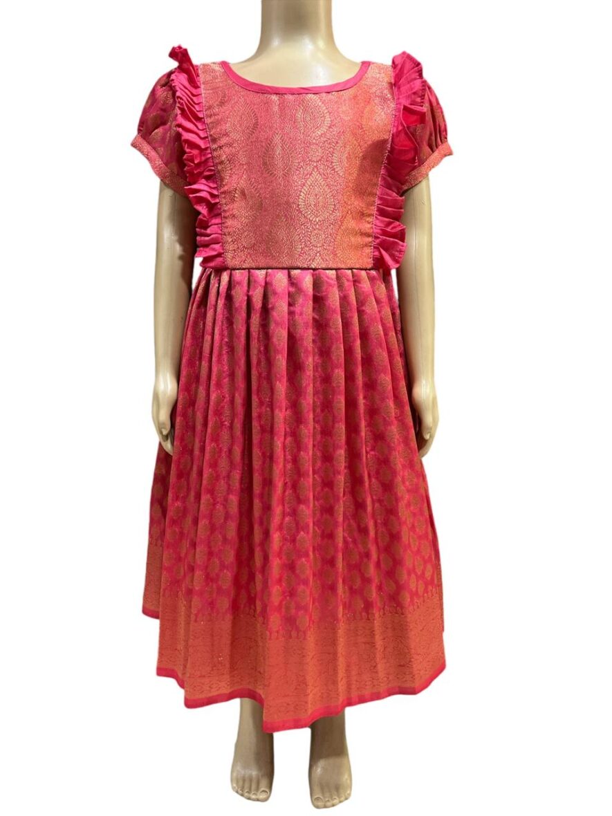 Elegant Pink Brocade And Golden Motif Girl’s Frock