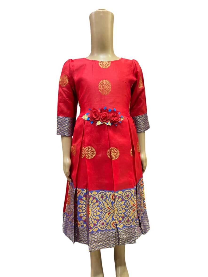 Elegant Red Silk Traditional Dress with Golden Motifs