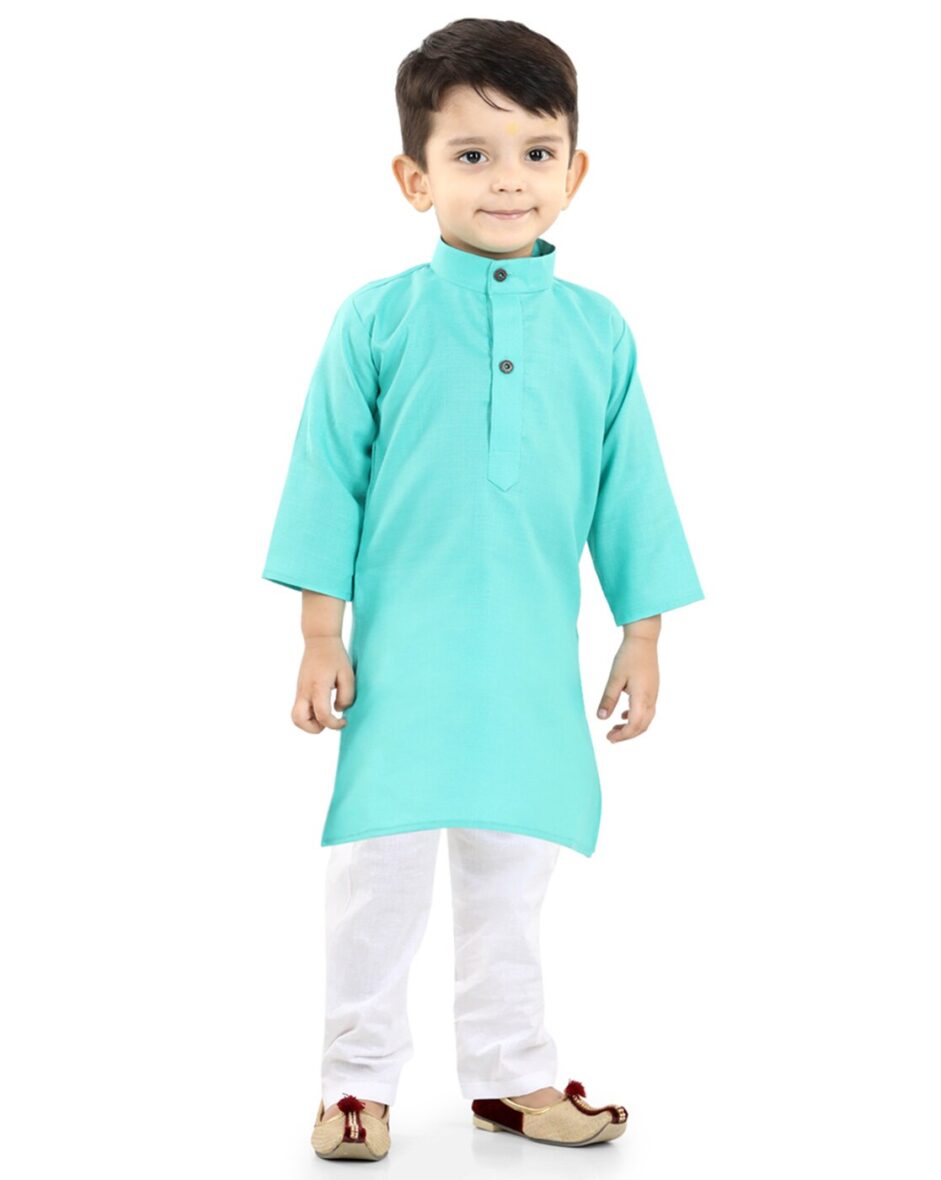 Boys’ Classic Sea Green Kurta and White Pyjama Set