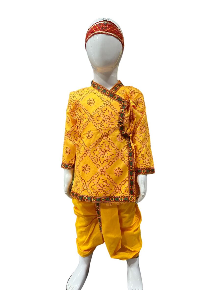 Traditional Bandhani Krishna Dress – Yellow Kurta Dhoti Set