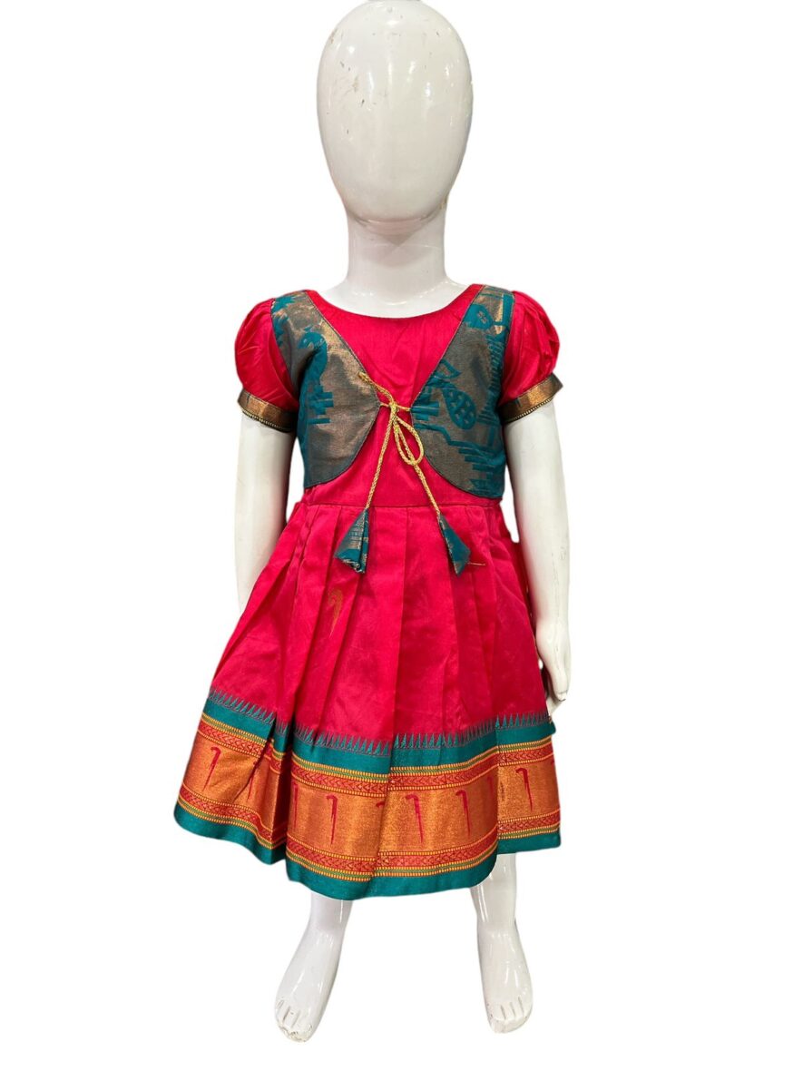 Stunning Pink & Teal Silk Jacket Frock for Girls – Traditional