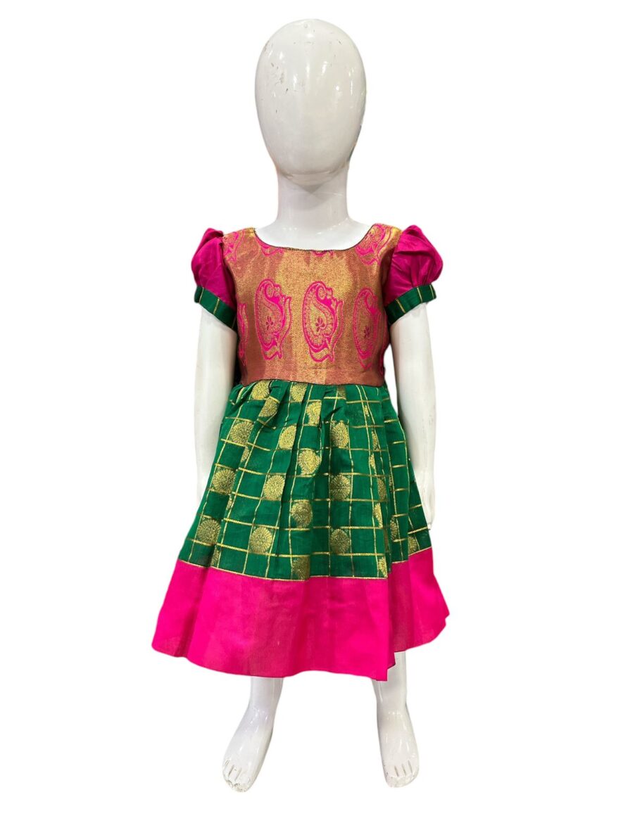 Elegant Silk Frock for Girls – Pink & Green