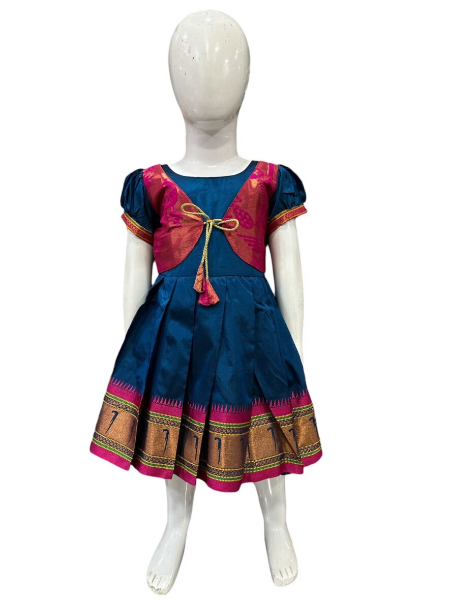 Traditional Silk Pattu Jacket Frock  for Girls – Blue & Pink