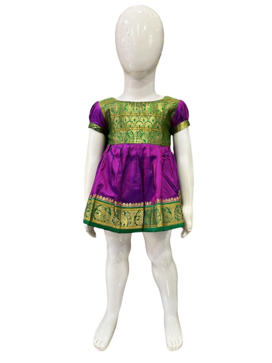 Traditional Purple and Green Silk Brocade Frock for Girls