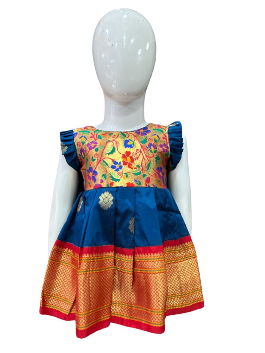 Royal Blue and Gold Brocade Frock for Girls