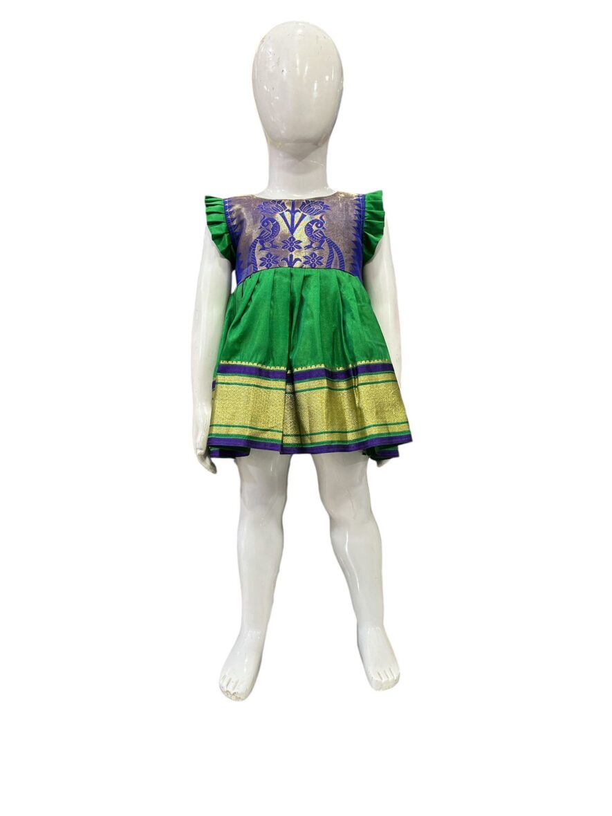 Traditional Green and Blue Kanjivaram Style Frock for Girls