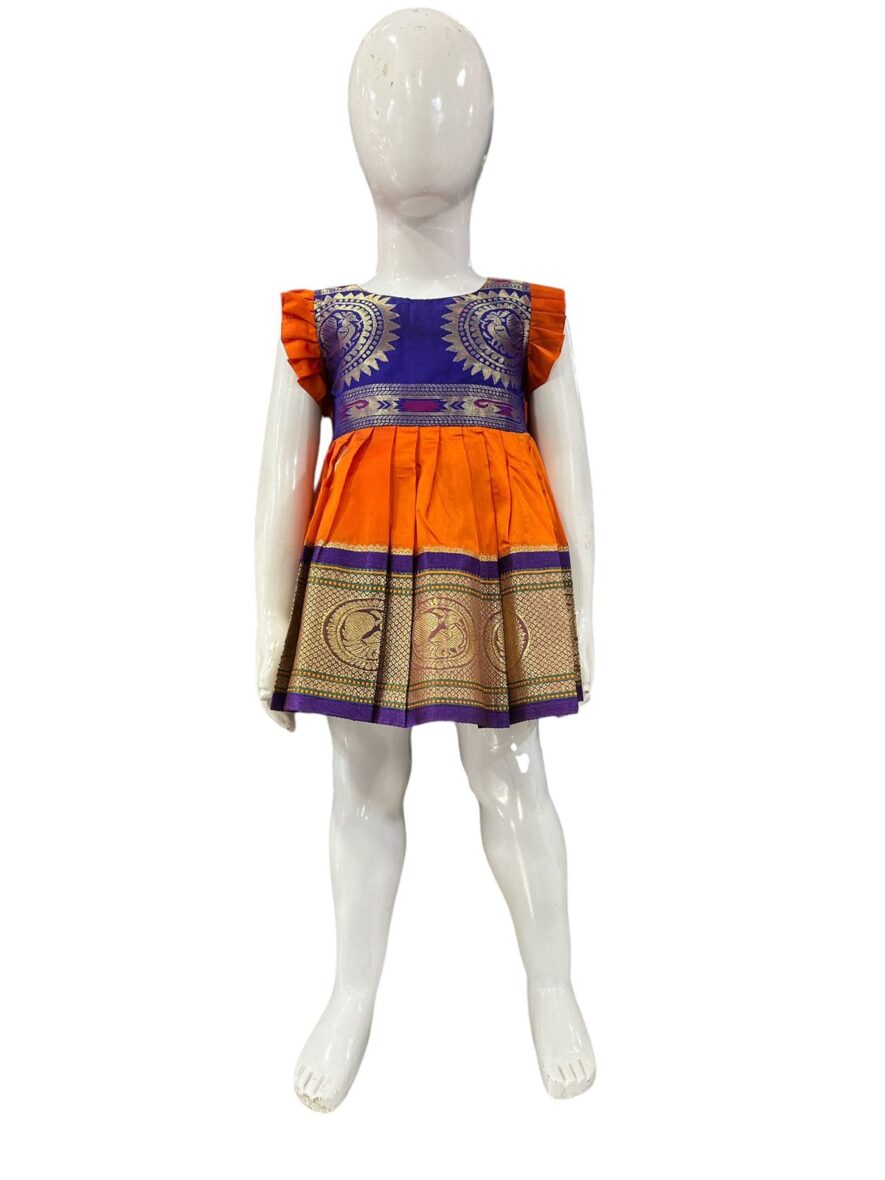 Traditional Orange and Purple Kids’ Frock with Gold Detailing