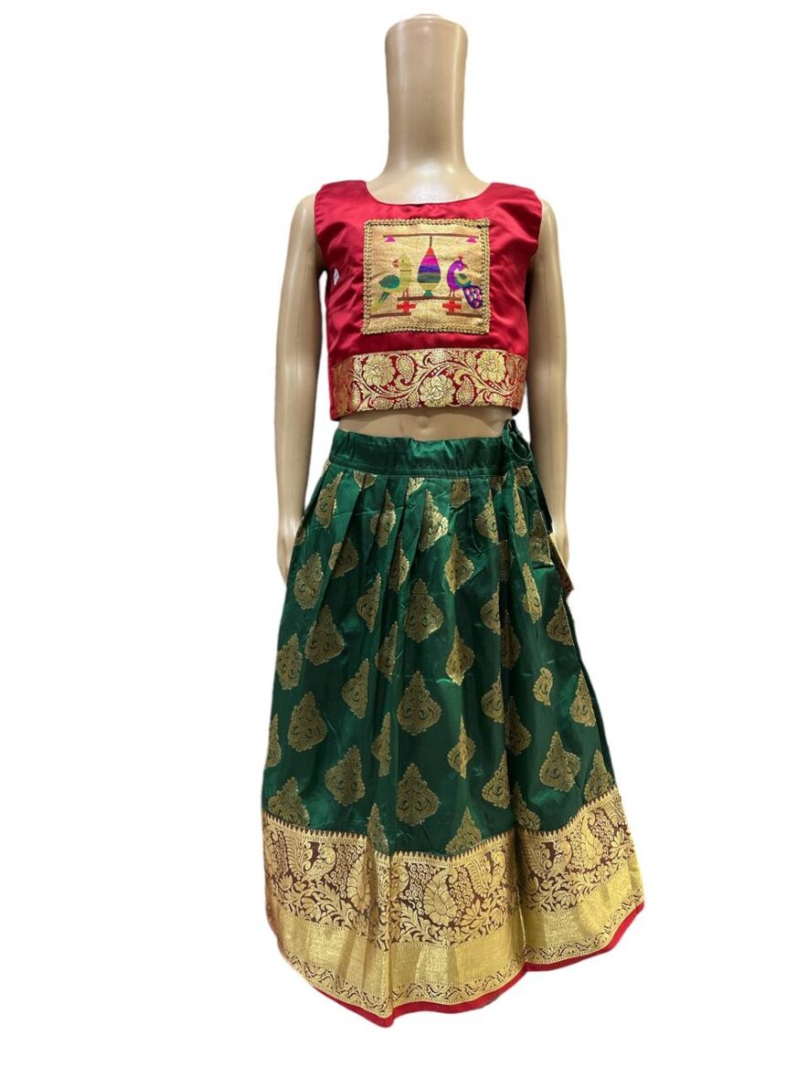 Girls’ Festive Green and Red Lehenga Choli Set with Golden Motifs