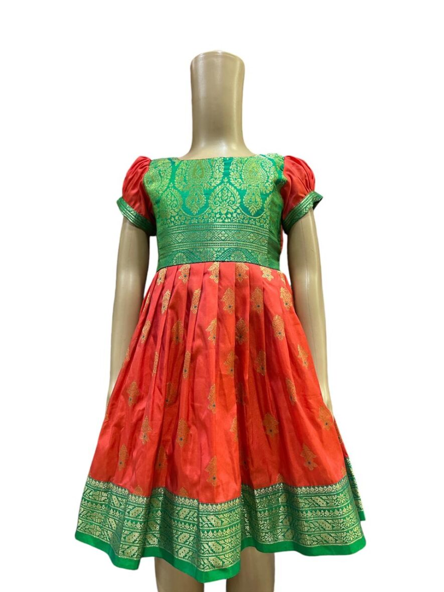 Traditional Green and Orange Frock for Girls – Rich Ethnic Design