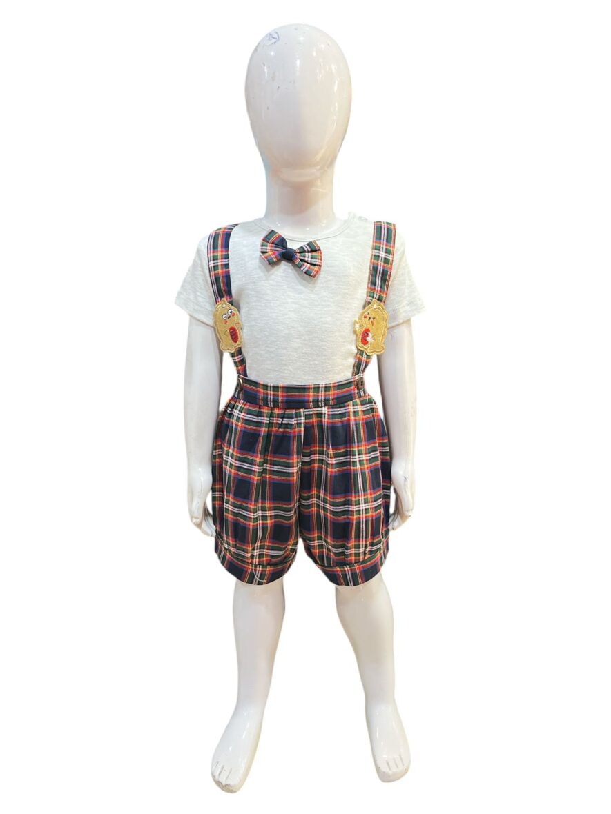 Charming Plaid Toddler Dungree/Suspender Suit with Bowtie