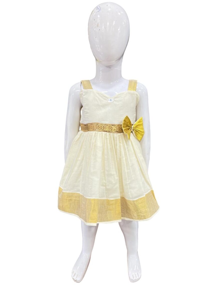 Sleeveless Traditional Onam Dress for Girls – White and Gold with Decorative Bow