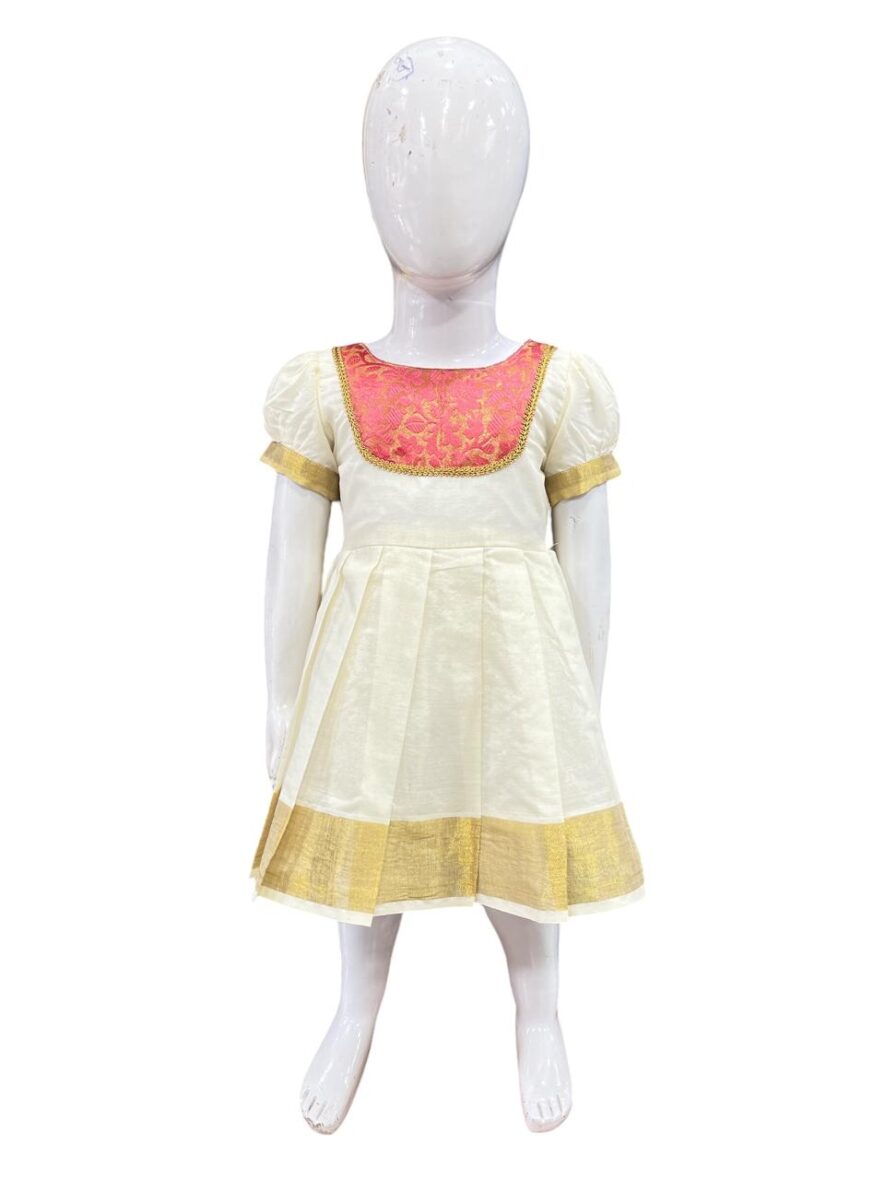 Traditional Onam Dress for Girls – White and Gold with Pink Embroidered Neckline