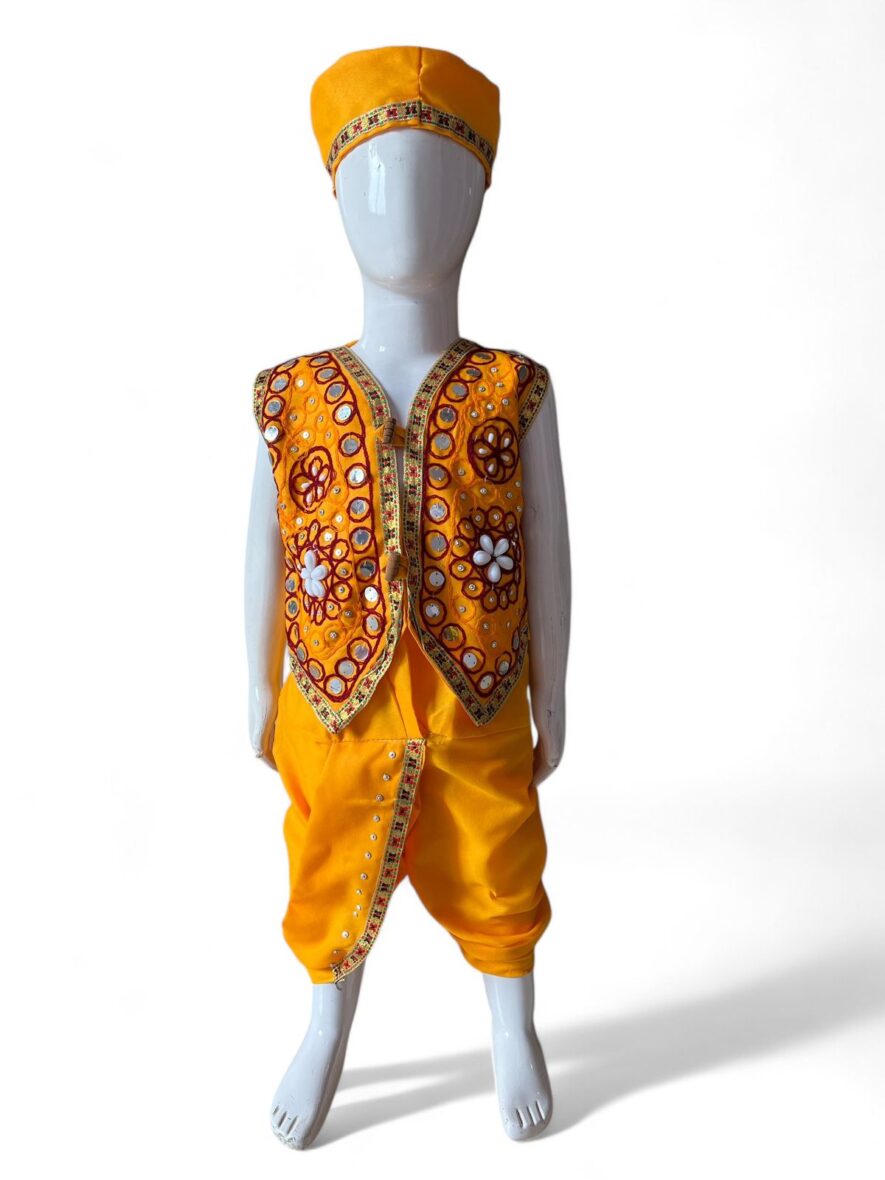 Boy’s Embroidered Yellow Garba Dress with Mirror Work – Festive Dhoti and Turban Set