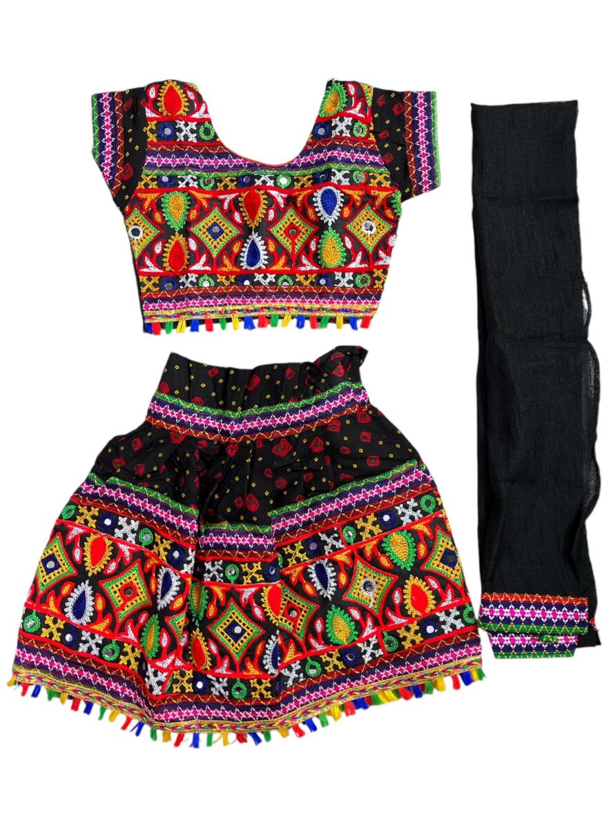 Black Embroidered Garba Dress for Girls with Dupatta