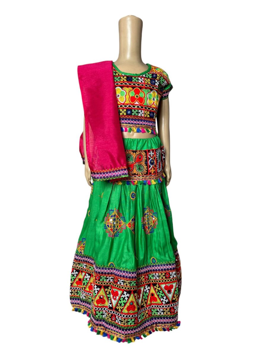 Green Embroidered Lehenga Choli Set for Girls with Pink Dupatta – Garba Gress