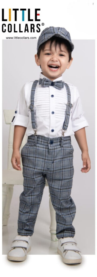 Plaid Light Blue Color Suspenders Suit With Cap For Boys