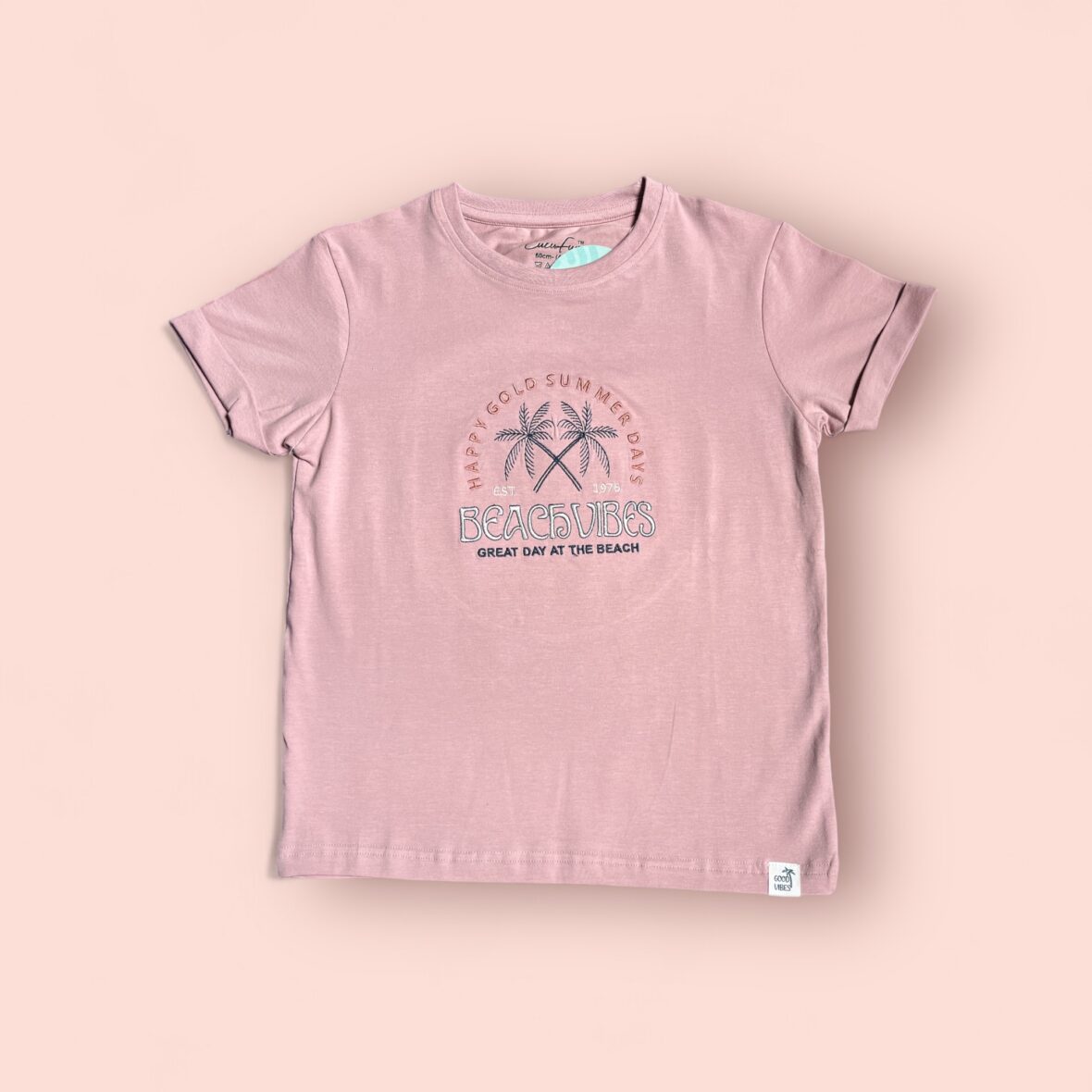 Kids’ “Beach Vibes” Graphic T-Shirt – Soft Pink