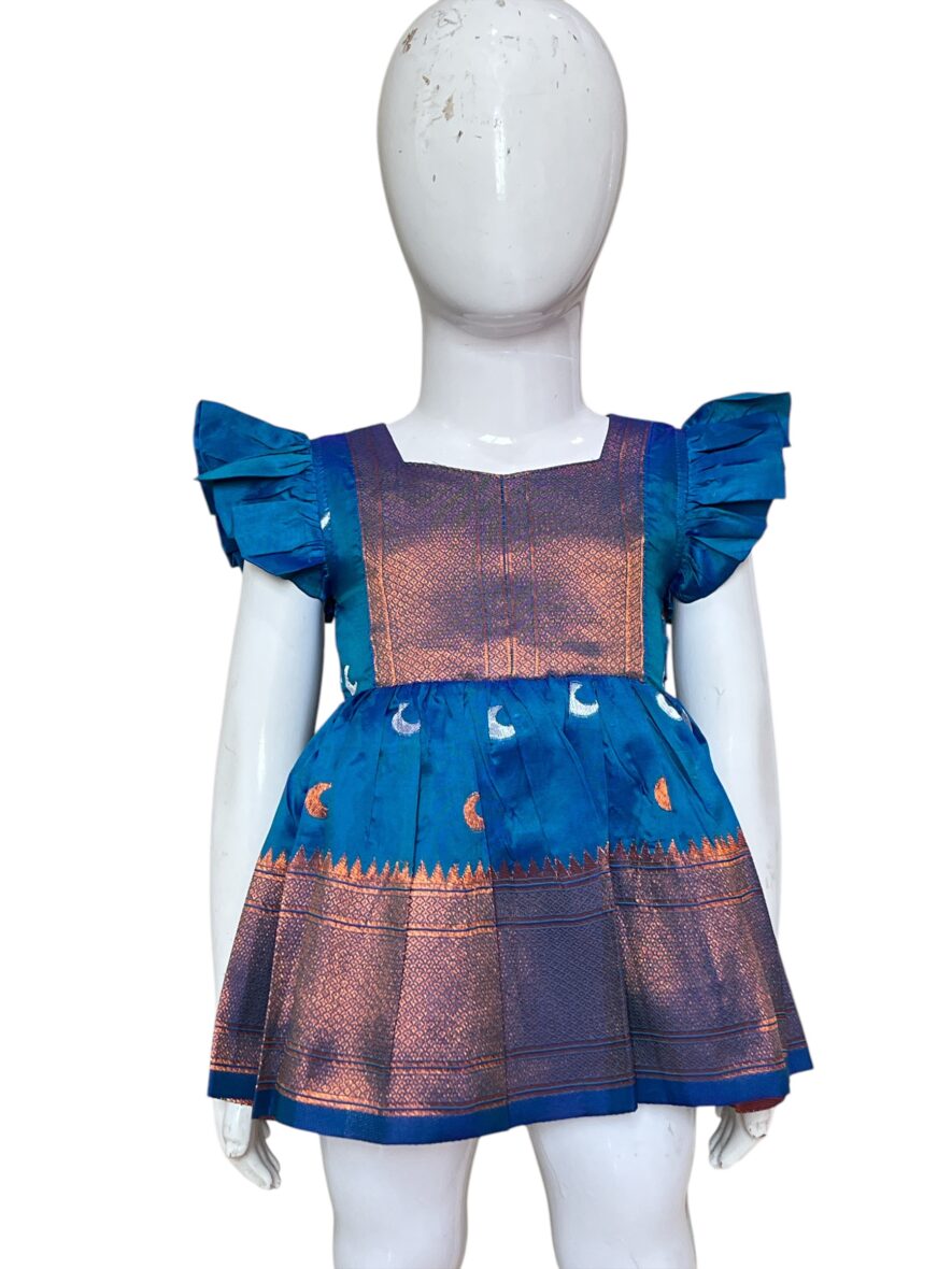 Traditional Silk Frock for Girls  Royal Blue & Gold Design