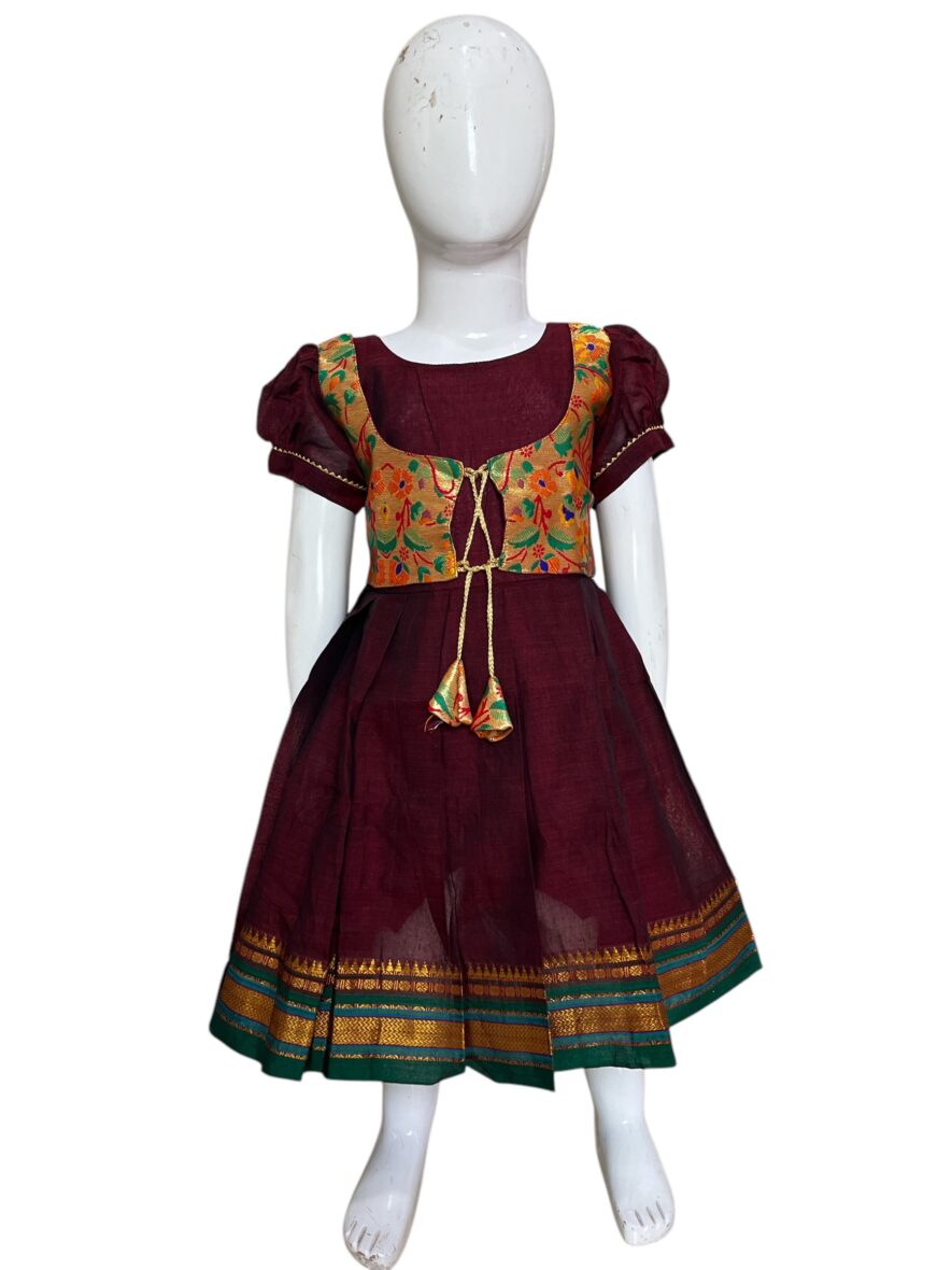 Exquisite Maroon and Gold Ethnic Pattu Frock for Girls