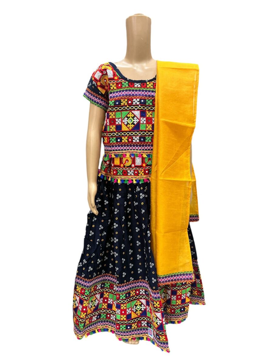 Vibrant Embroidered Traditional Girl’s Garba Dress with Yellow Dupatta