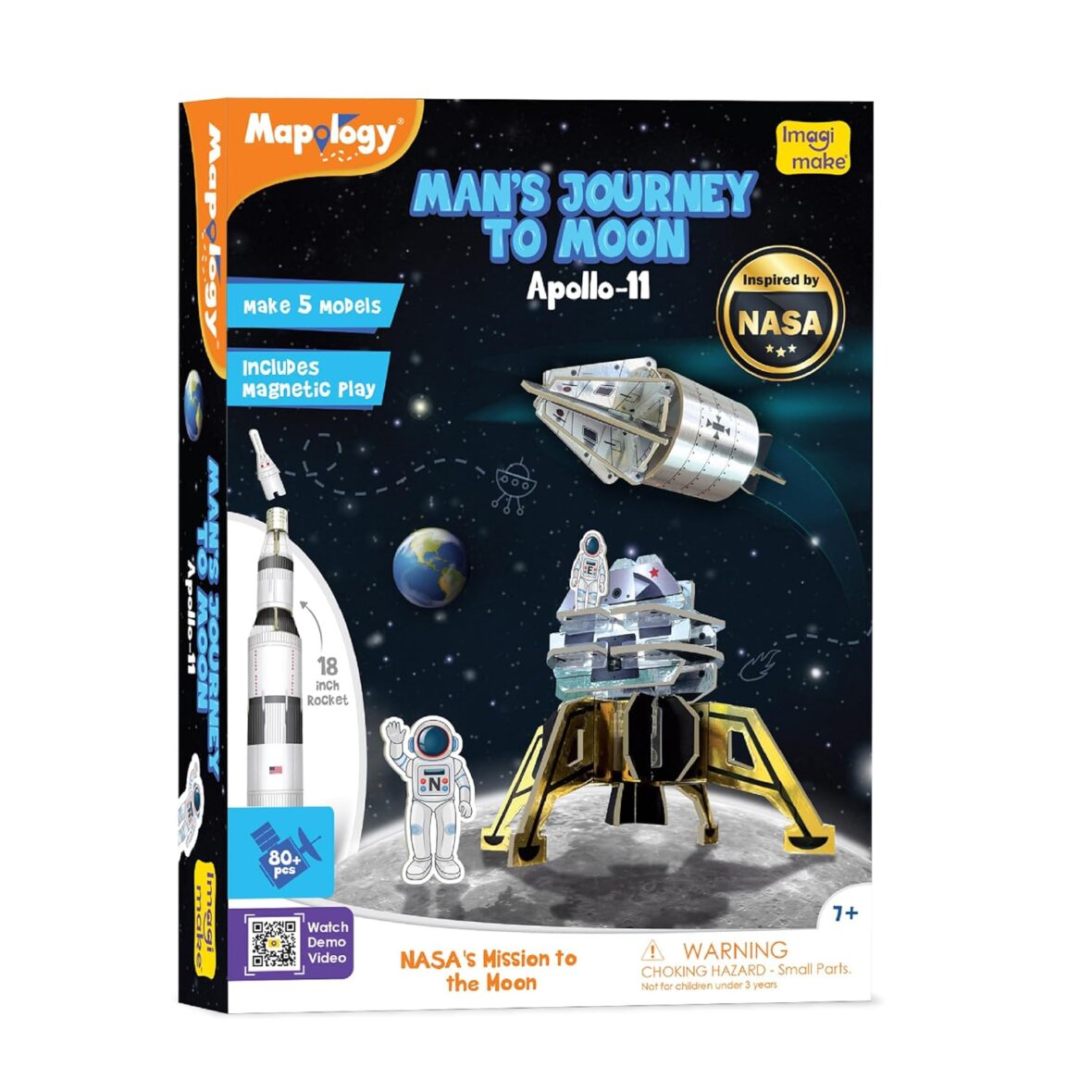 Imagimake Man’s Journey to the Moon | Mission Apollo 11 Rocket & Satellite 3D Model Kit | STEM Space Adventure for Kids