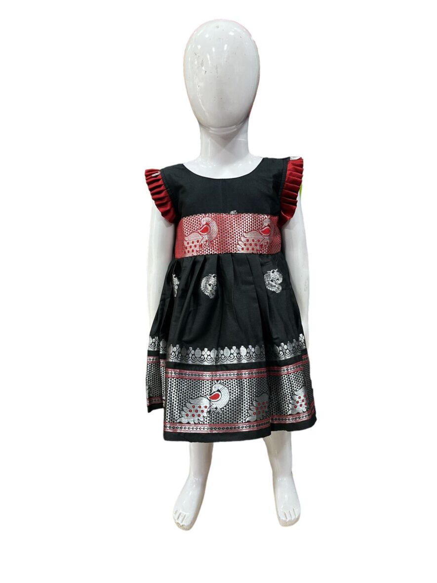 Black Girls’ Frock with Silver and Red Elephant Motif Border