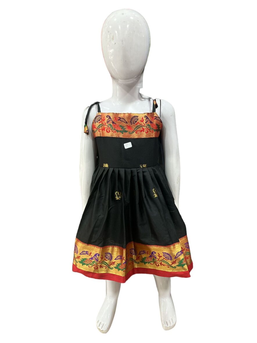 Black Sleeveless Girls’ Dress with Vibrant Traditional Border