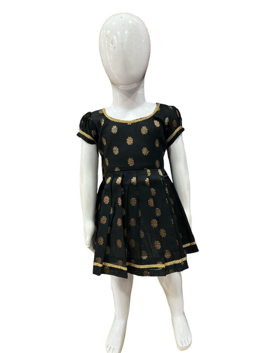 Elegant Black Traditional Girls’ Frock with Gold Embellishments