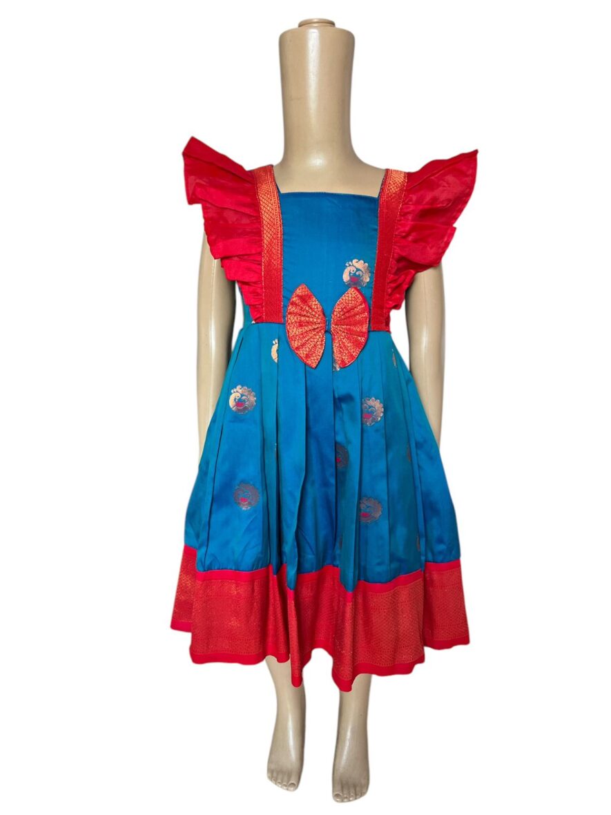 Traditional Vibrant Blue and Red Paithani Frock