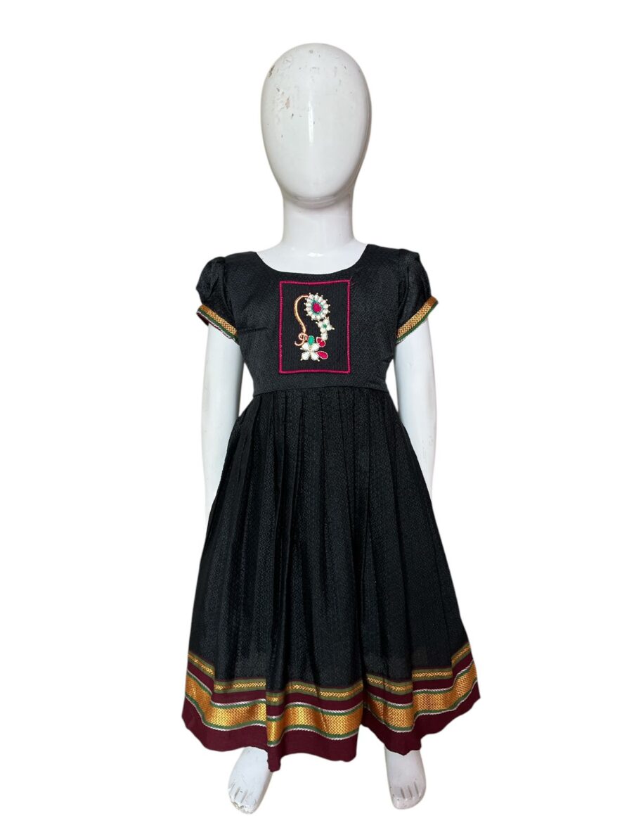 Graceful Black Frock with Embroidered Motif and Golden Borders