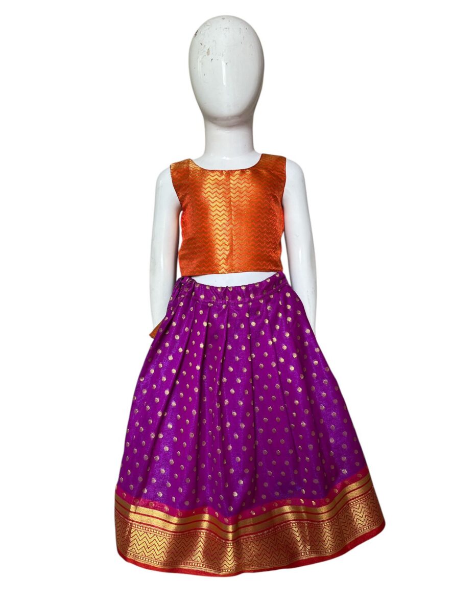 Kids’ Ethnic Wear – Orange & Purple Silk Parkar Polka