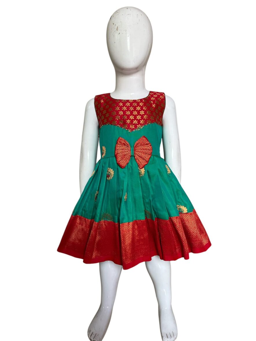 Elegant Green and Red Festive Frock for Girls