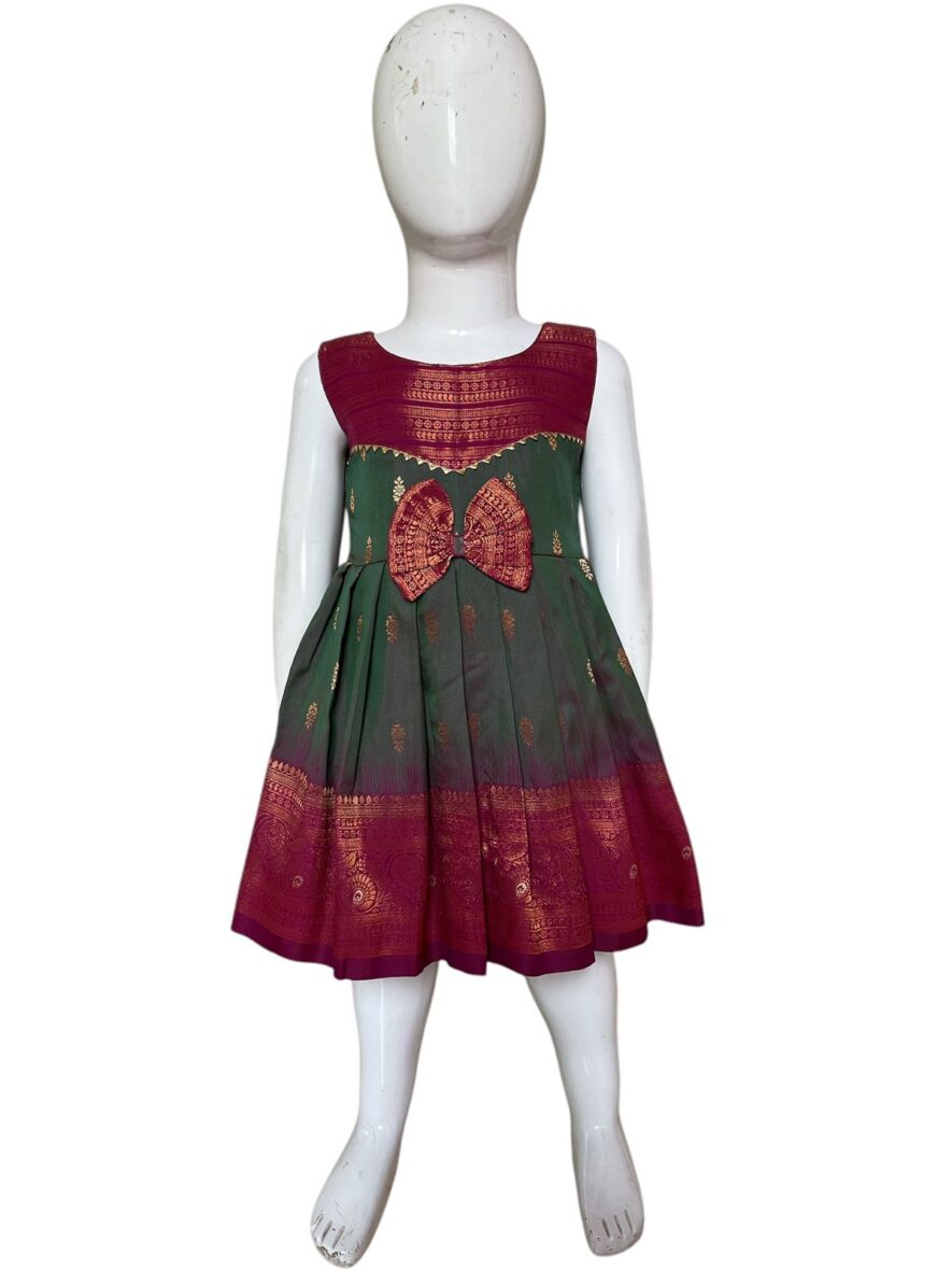 Traditional Green and Maroon Festive Frock for Girls