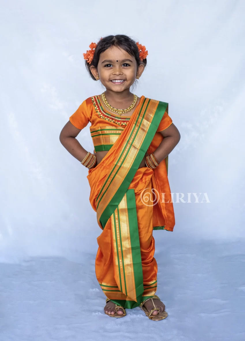 Traditional Maharashtrian Nauvari Saree for Girls – Orange and Green