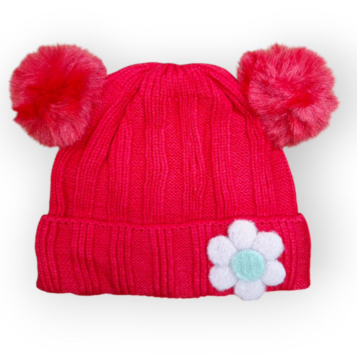 Kids’ Red Woolen Cap with Pom-Poms and Floral Design